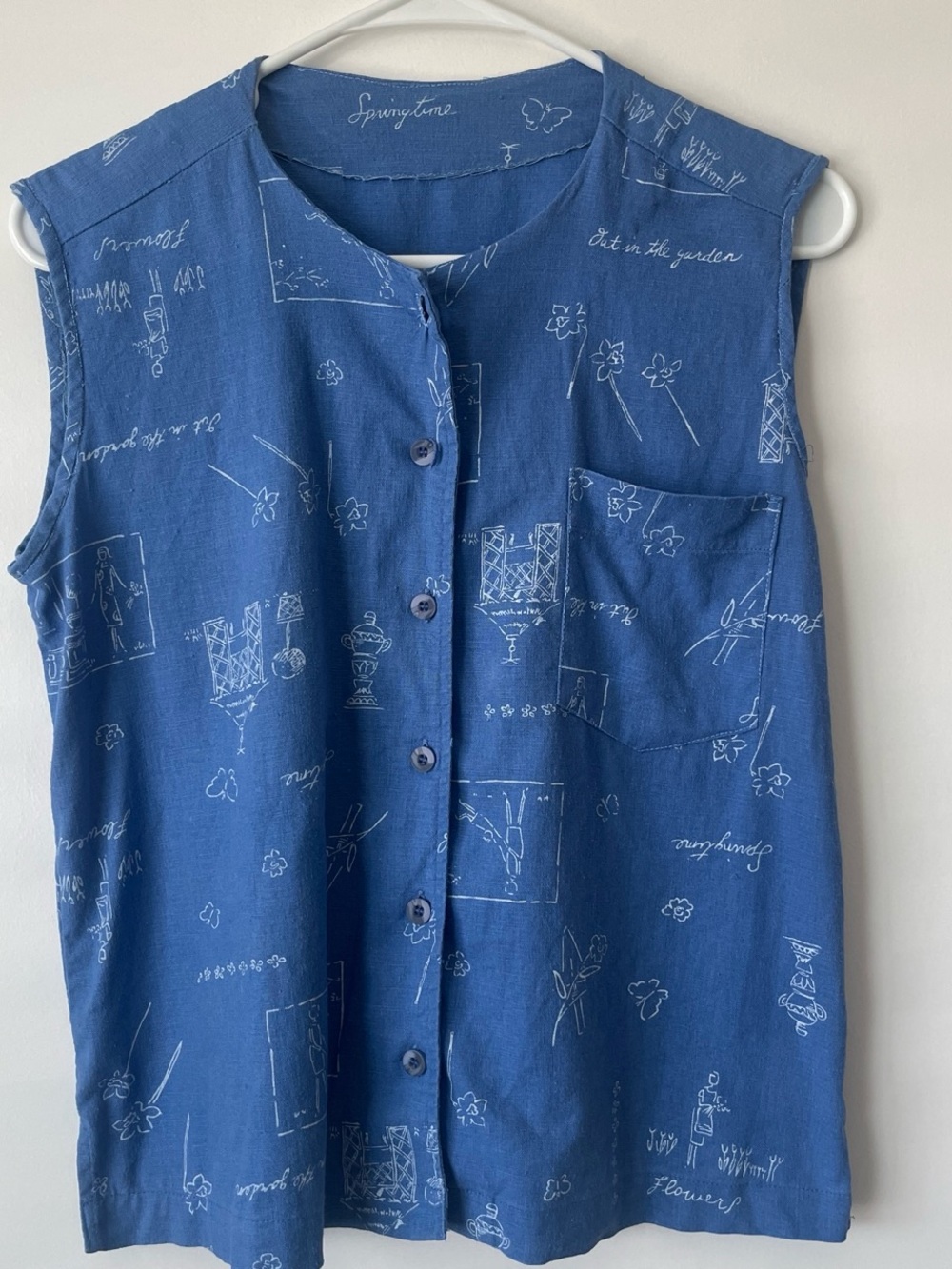 Blue Button-Front Sleeveless Top, Linen